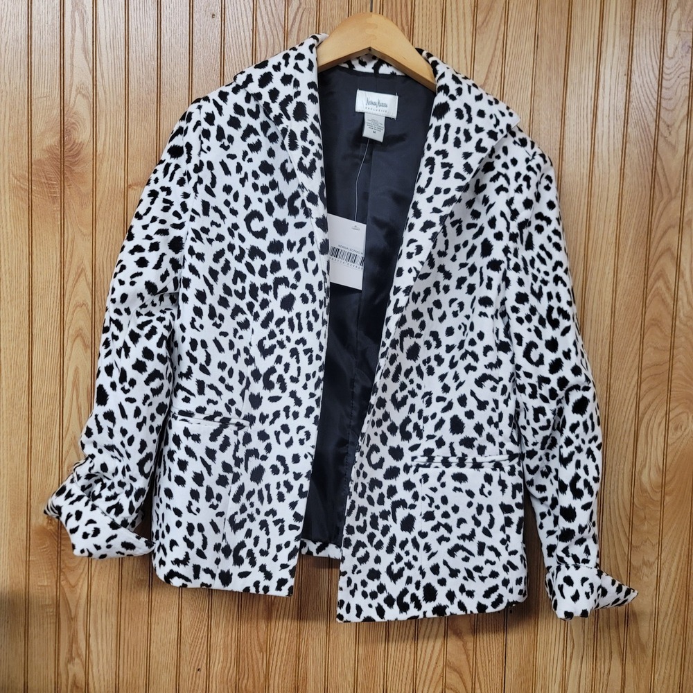 Neiman Marcus Exclusive Cheetah Print Blazer Black White Cotton Jacket Womens M